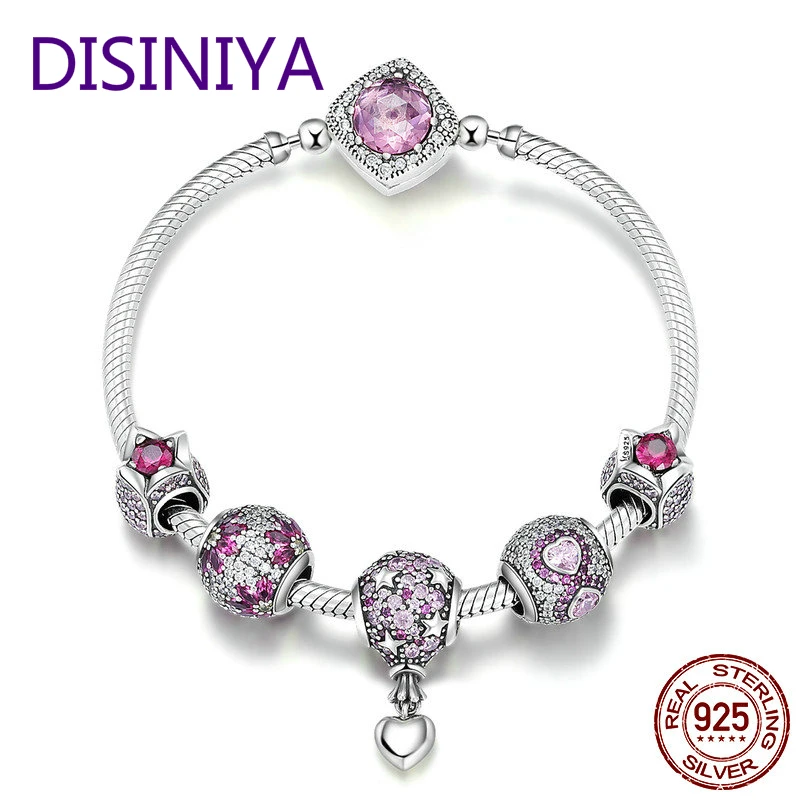 

DISINIYA Authentic 925 Sterling Silver Pink CZ Infinity Flower Hot Air Balloon Bracelets & Bangles for Women Silver Jewelry SCB8