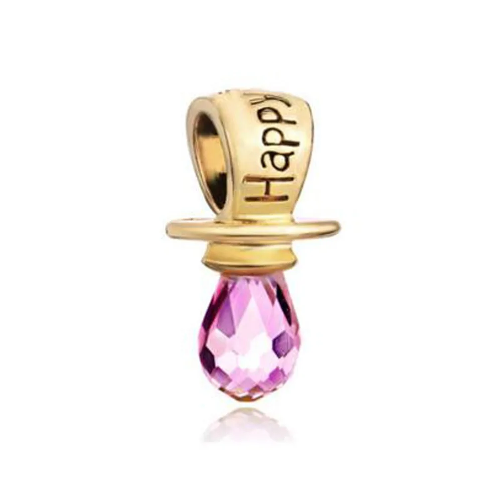 

Free shipping Happy Feeding Bottle Drop Pink Crystal European Charm beads fit Pandora bracelet