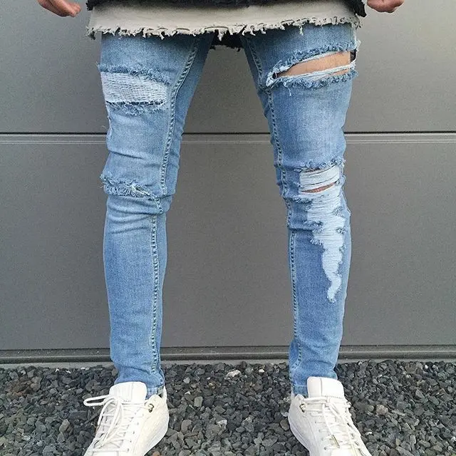 Брюки Джинсы hombre calca masculina skinny Стильная мужская одежда Изношенные новые стрейч ноги мужские узкие джинсы