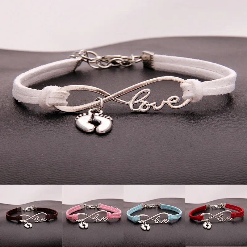 

Fashion Personality Foot Gifts Antique Silver Children's Feet Charm Pendant Leather Love Infinity Bracelets Unique Women Jewelry