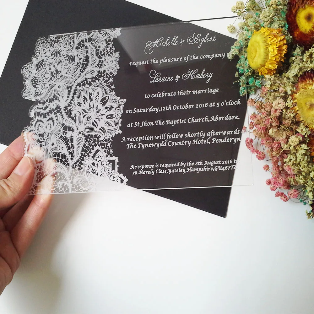  Customized 180*120mm laser engraved lace pattern clear acrylic wedding invitation card (1lot=100pcs - 32765591710
