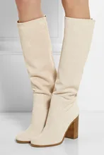 Mode designer Femmes de vache en cuir à talons hauts genou haute bottes de fourrure chaude bottes hautes crémeux-blanc 2017 d’hiver