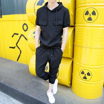 

2pcs Mens Hooded Short Sleeves T-shirt Casual Cropped Mid-calf Pants Trousers Set S78