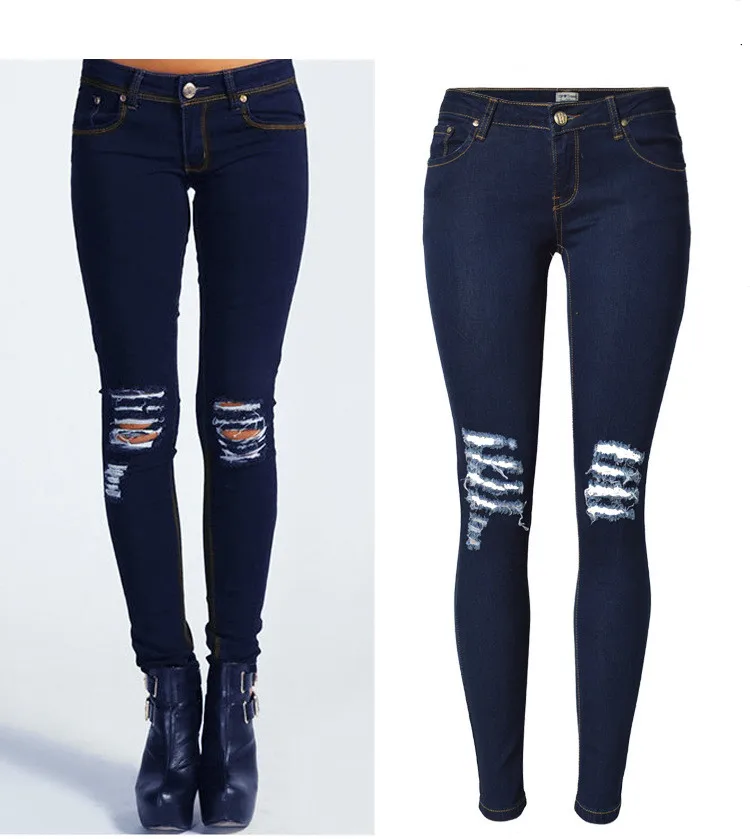 

Women Sexy Jeans Low Waist Knee Ripped Holes Fashion Skinny Full Length Elastic Stretch Personality Fit Boy friend Pencil jeans