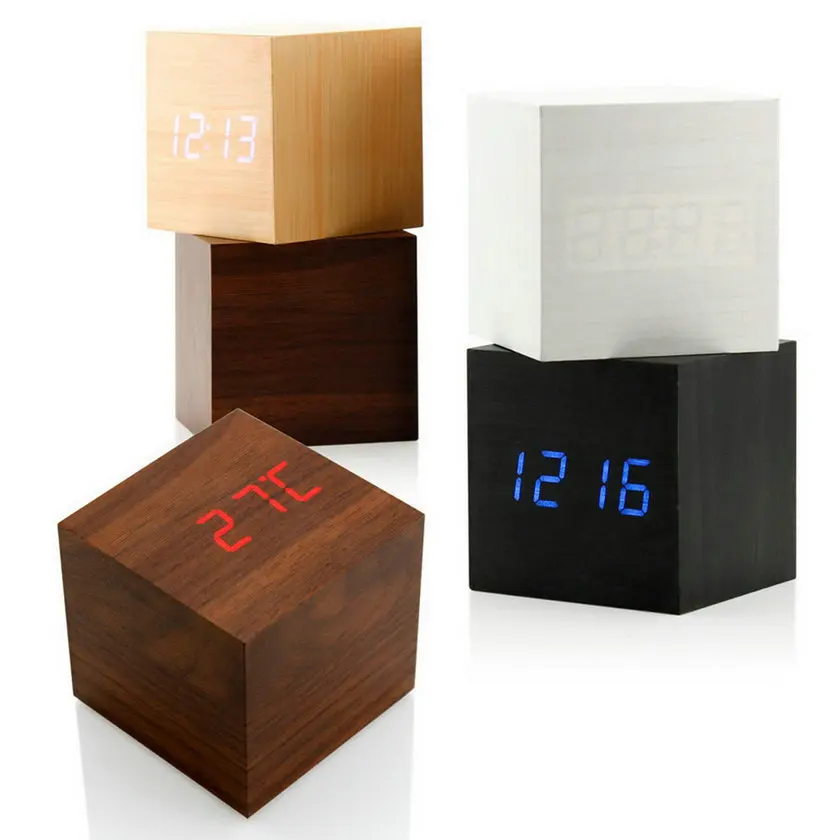 Современный деревянный квадратный светодиодный Настольный Будильник цифровой термометр деревянные usb/AAA Термометр Отображение даты сенсорный Enab светодиодный