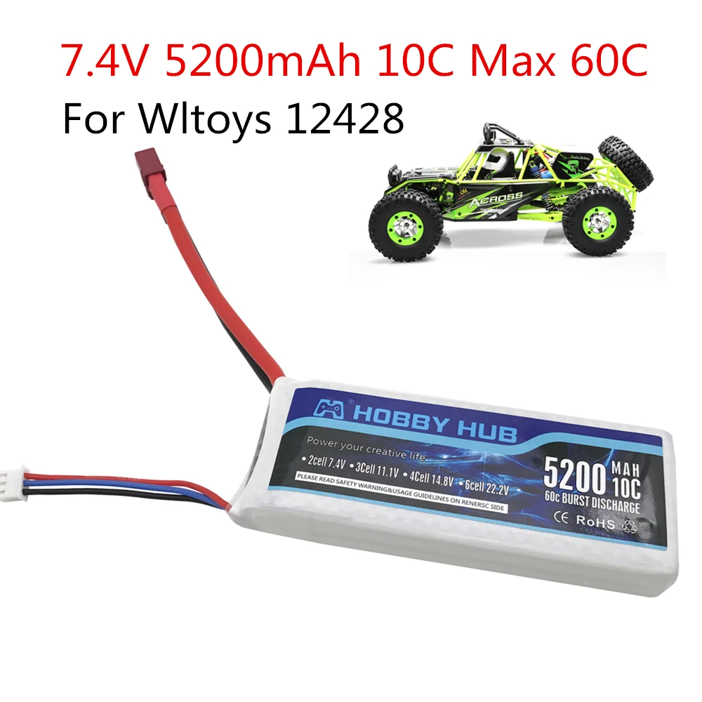 Peças de Bateria para Carro 60c para Wltoys Hobby Lipo Bateria 2s 7.4 v 5200 Mah 10c Max 12428 12423 Atualizar 1 Pcs Hub rc 2 2s 7.4 v 5200 mah 10c max