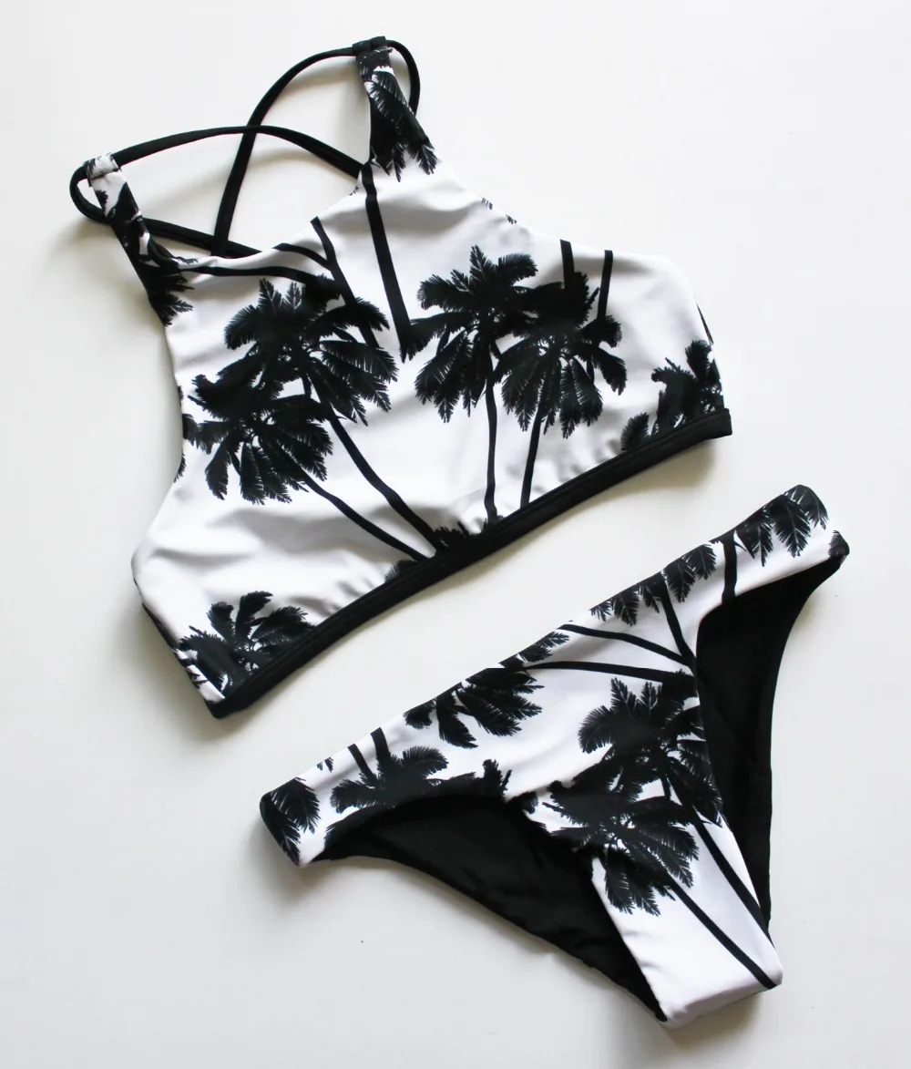 

2017 Summer Style Women Criss Cross Black Brazilian Palm Trees Tank Bikini Sexy Lady's Beach Swimsuit Swimwear Bathing Suit E722