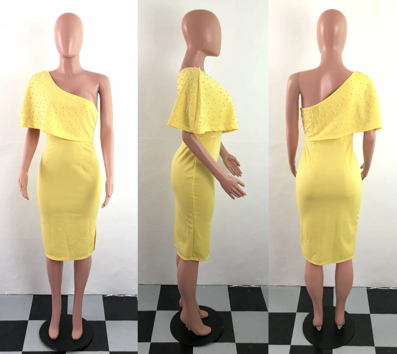 Для женщин желтого цвета на одно плечо вечерние платья с бисером Сексапильный облегающий короткий Стильный женский элегантное платье бодикон, платье-туника размера плюс Прямая