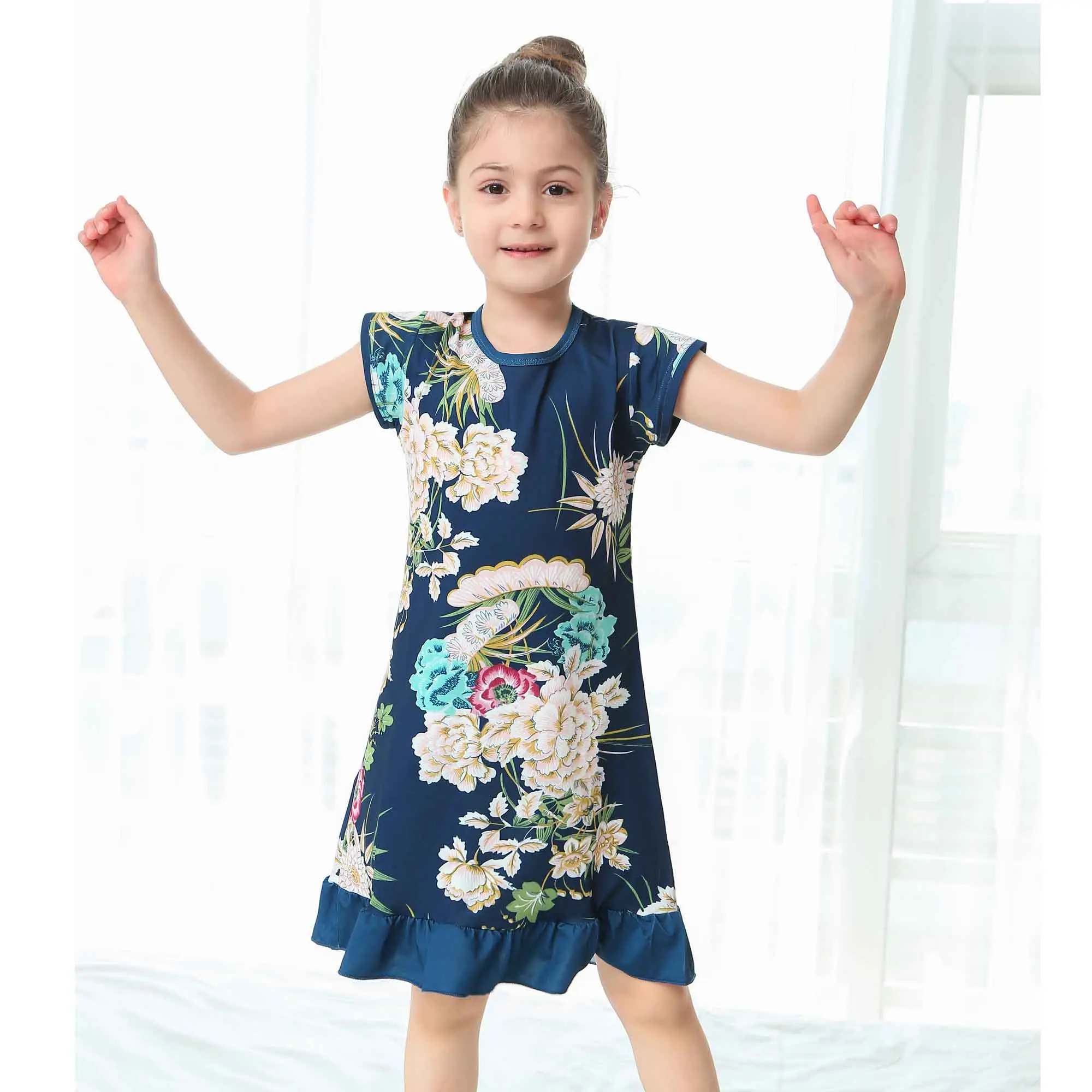 Новинка; детское вечернее платье с цветочным принтом в китайском стиле; ночные рубашки для девочек; пижамы; летняя одежда для сна