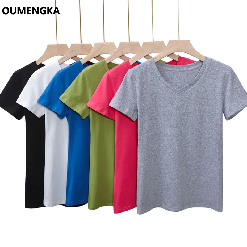 Высококачественная базовая футболка из хлопка с v-образным вырезом, 6 ярких цветов, простая женская футболка с коротким рукавом, женские топы S-5XL