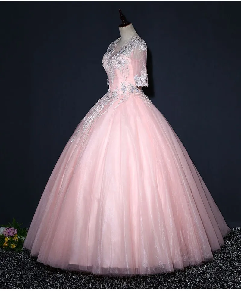 Новые розовые платья Quinceanera мяч халат с рукавами до локтя Сладкий 16 платья светится в течение 15 лет Дешевые Длинные платье для выпускного вечера и фуршетов великолепные