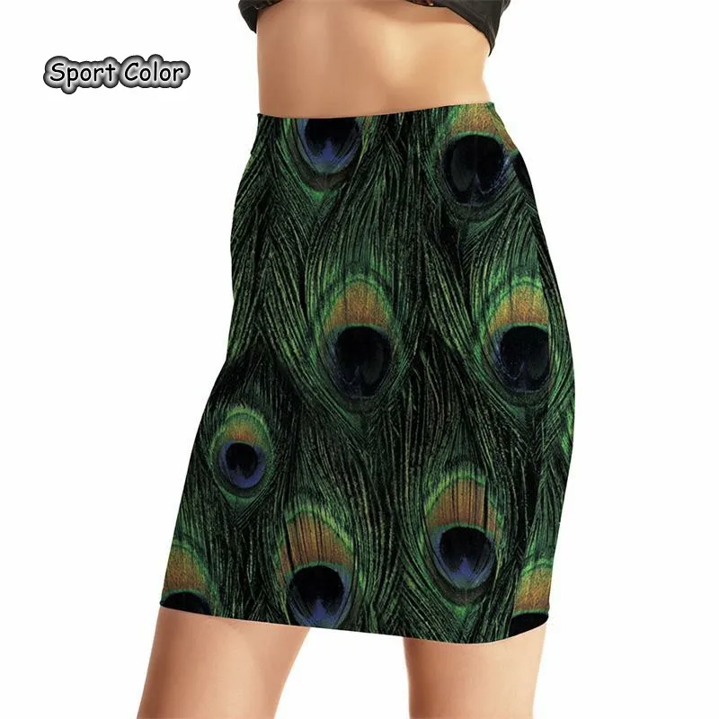 

New Women Sexy High Waist Skirts Tennis Bowling Skirts Slim Hip Peacock Feather Elastic Sport Female Girls Party Apparel S-4XL