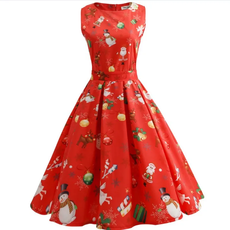 Women 2017 Sleeveless Elegant Vintage Retro Xmas Red Dress Christmas