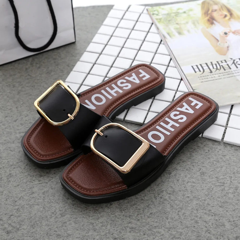 

2019 Fashion Slippers Platform Sandals Summer Flat Heel Square Beach Slides Flip Flops Comfortable Flat Shoes Chaussure Femme