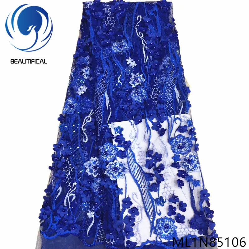

Beautifical nigerian lace fabrics blue 3d flowres net lace fabric with sequins embroidery beads lace fabrics Fashion ML1N851