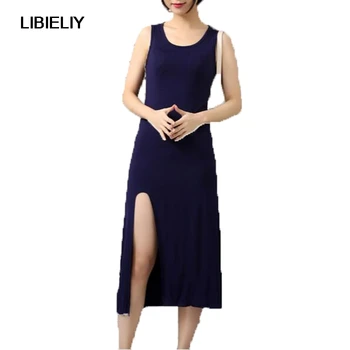 

Nice Spring Summer New Women Vest Modal Dress Sexy Cross Loopholes Dress Sleeveless Round Neck Solid Color Long Dress LU84