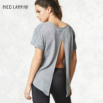 

Split Backless Women Gray T Shirts Sexy Loose Thin Tops for Summer Short Sleeve Round Collar Stylish Casual Clothes for Female