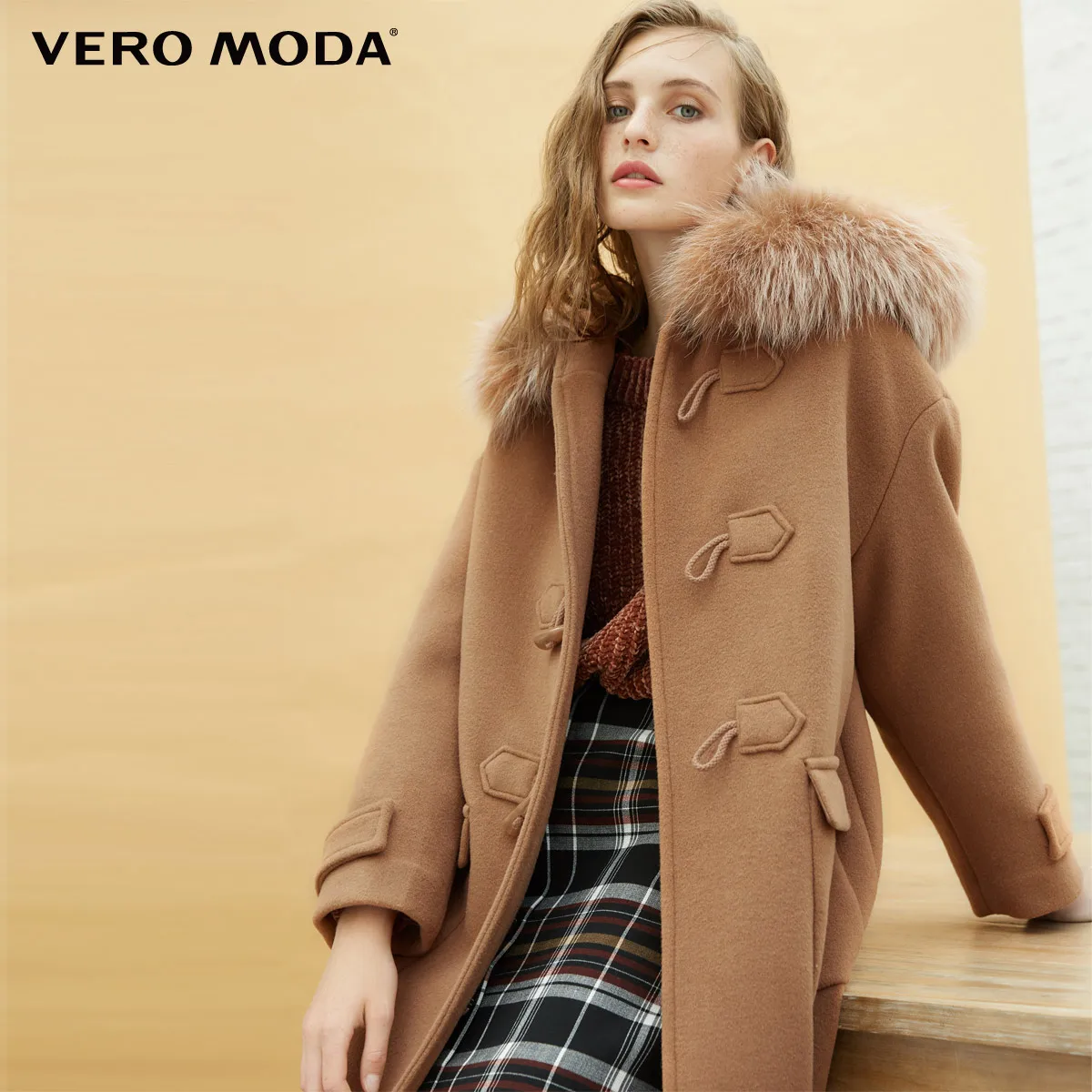 Vero Moda меховой воротник 80% шерсти с капюшоном Тедди Стиль длинное шерстяное пальто | 318327512 - Цвет: Chipmonk brown