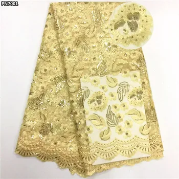 

African lace fabric 2017 high quality lace embroidered with sequins hot sale french tulle lace fabric 5 yards for dress PN70