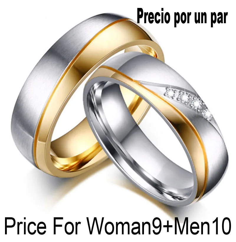 1 пара Романтические свадебные кольца для возлюбленной золотого цвета парные кольца из нержавеющей стали для помолвки вечерние ювелирные изделия обручальные кольца - Цвет основного камня: Woman9Men10