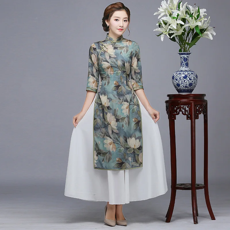 Новое поступление Винтаж с цветочным принтом пикантные Cheongsam Для женщин Aodai китайский Стиль вечерние платье Новинка воротник-стойка