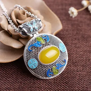 

FNJ 925 Silver Pendant Flower Round Yellow Chalcedony Stone Punk Original Pure S925 Thai Silver Pendants for Men Jewelry Making