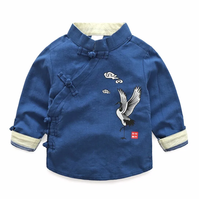 Boys Shirt Cotton Mandarin Collar Kids Shirt Long Sleeve Chinese Clothing Spring Autumn Shirts Crane Costume Children Clothing (3)