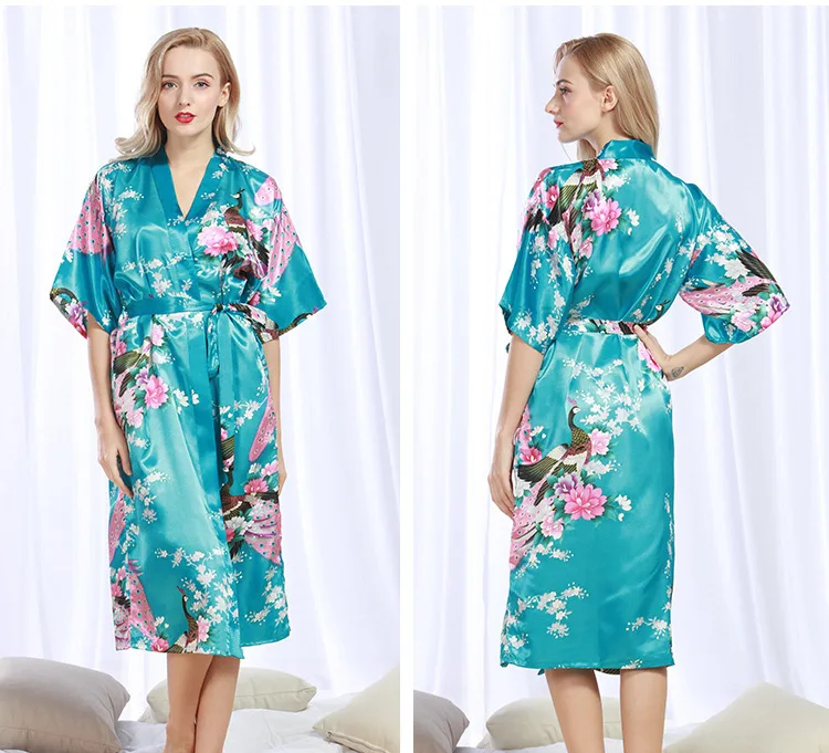 11 цветов, женское кимоно юката, японский стиль, халат с принтом павлина, Азиатский атлас, винтажные пижамы, платье, Длинные Стильные ночные