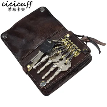 

Men Genuine Leather Key Case Coin Purse Double Zipper Door Key Wallets Vintage Fashion Male Housekeeper Card Key Holders Simple