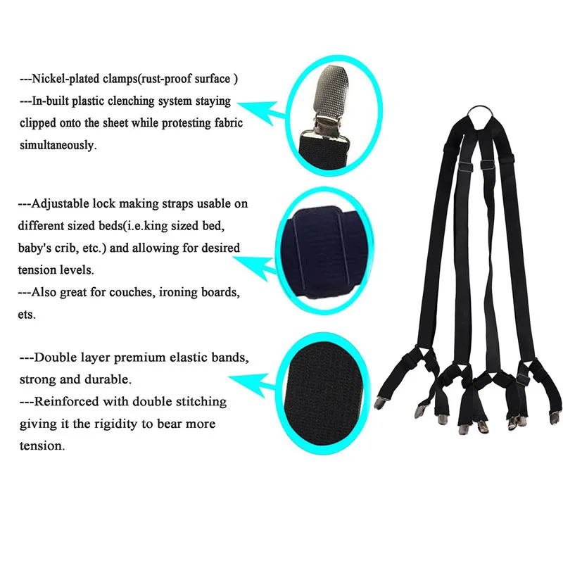  1 Set Crisscross Adjustable Bed Fitted Sheet Straps Suspenders Gripper Holder Fastener Clips Clippe