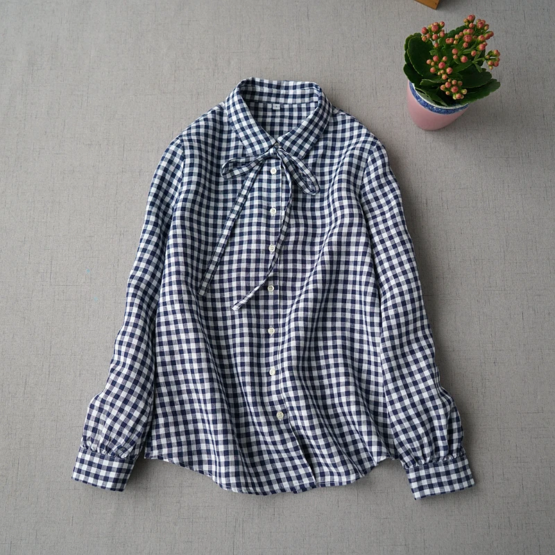 

Spring Autumn Women Loose Plus Size Japanese Style Cute Mori Girls Basic Style Comfortable All-match Plaid Linen Shirts/Blouses