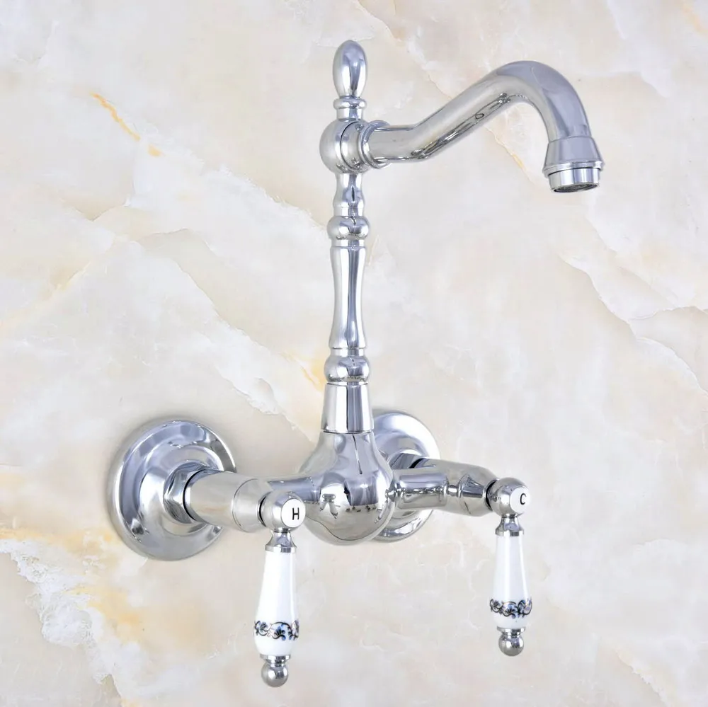 Polished Chrome Brass Wall Mount Kitchen Sink Faucet Swivel Spout Mixer Tap Dual Ceramics Handles Levers anf572