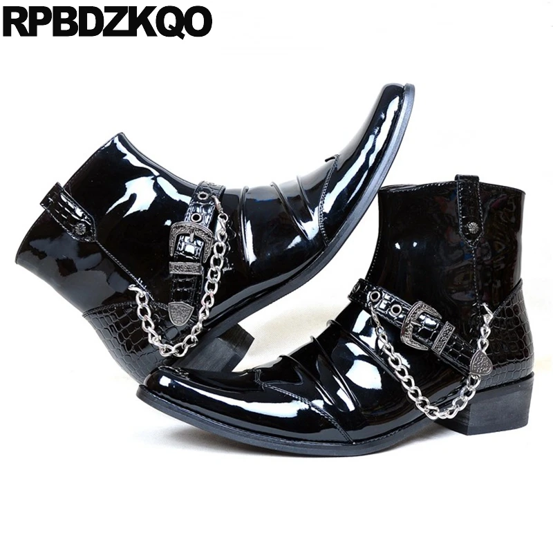 

High Heel Punk Shoes Mens Black Patent Leather Boots Booties Pointed Toe Snakeskin Ankle Metalic Dress Motorcycle Runway Chunky