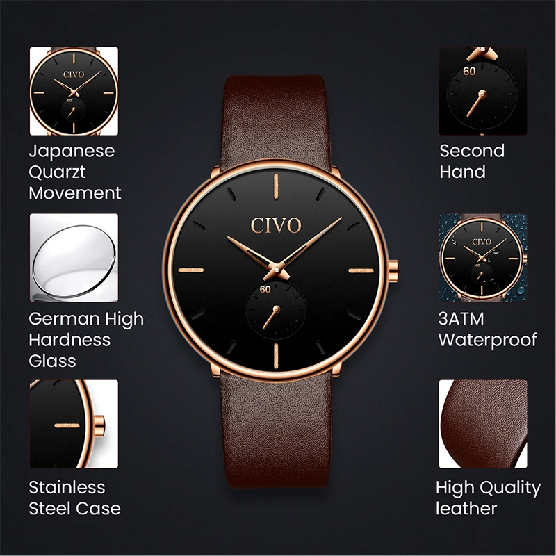 Men Watch CIVO Fashion Slim Leather Strap Minimalist Wrist Watches Mens Waterproof Business Quartz Watch Clock Relogio Masculino