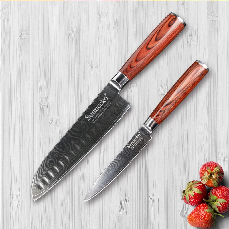 

SUNNECKO 2PCS Kitchen Knives Set Damascus Steel Utility Santoku Knife Japaness VG10 Sharp Blade Cutter Knife Pakka Wood Handle