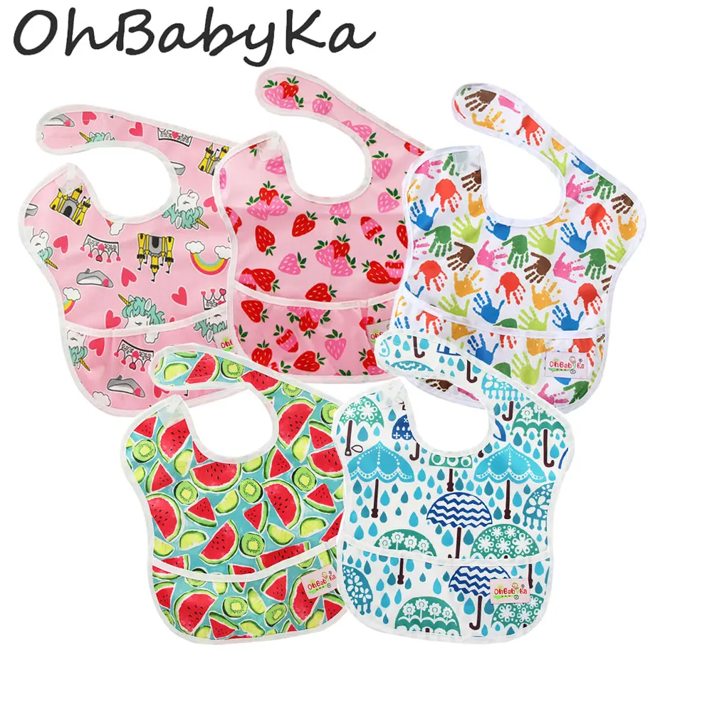 Ohbabyka детские нагрудники для кормления с карманом водонепроницаемый единорог Печать Детская одежда аксессуары крюк и петля шеи застежка Пакет