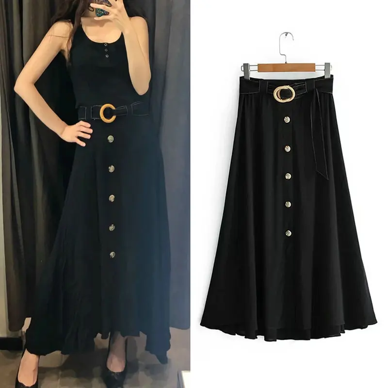 

new spring summer england style women skirt black a line sashes button mid-calf high waist ladies skirts asymmetry female skirt