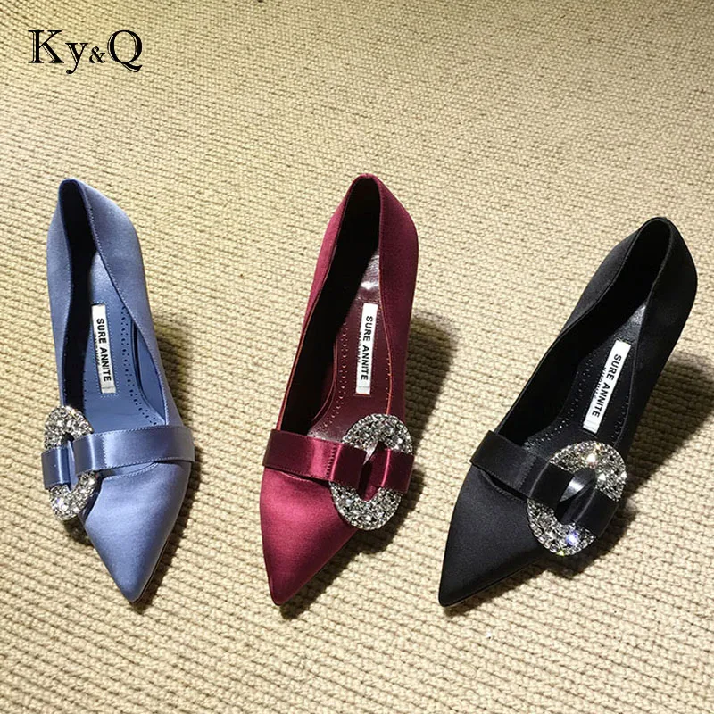 

Brand design shallow dress pumps pointed toe solid silk satin rhinestone high heels stilettos bridal wedding shoes women