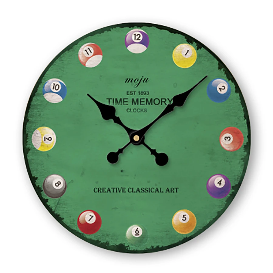 

Art Billiard Green Vintage Clock Creative Children Wood Digital Wooden Retro Wall Clock Modern Design Zegary Clocks 50A0174
