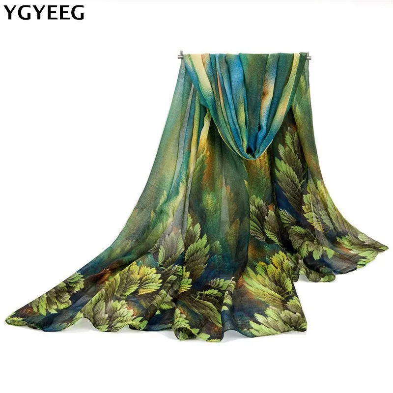 

YGYEEG New Autumn And Spring Scarf Women Fashion Long Echarpe Leaves Printed Scarves Ladies Stoles Warm Shawls Hijab For Women