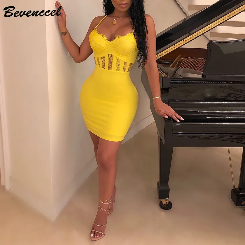 

Bevenccel New Arrival Chic Evening Party Dress 2019 Straps Lace Patchwork Elegant Bodycon Women Summer Bandage Dress Vestidos