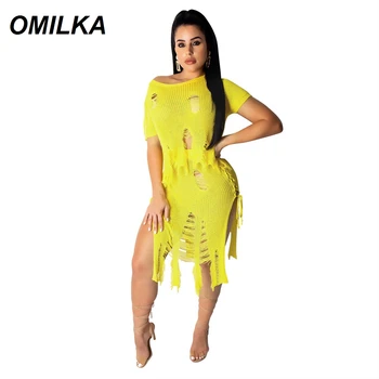 

OMILKA 2 Piece Knitted Ripped Top and Skirt Set 2019 Summer Women Short Sleeve O Neck Hollow Out Club Streetwear Sweater Outfits