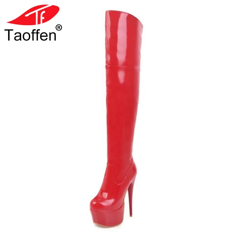 

Taoffen Plus Size 33-48 Sexy Patent Leather Over The Knee Boots Platform Thin Heel Zipper Women Warm Velvet Fur High Boots