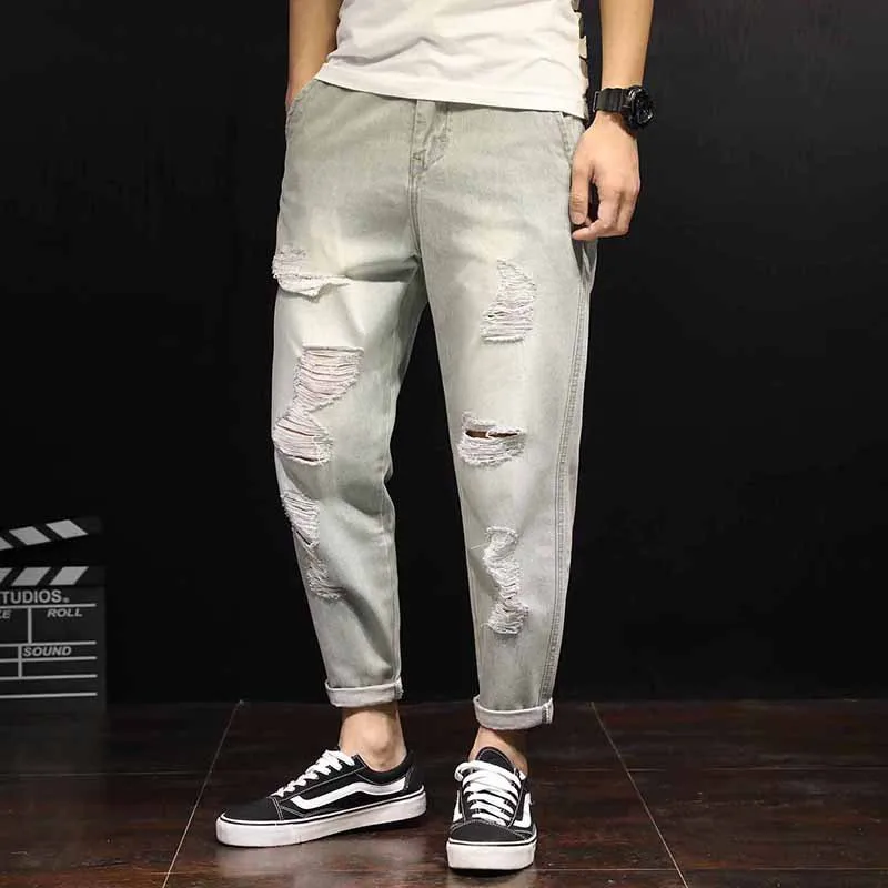 

2018 Spring Summer Light Color Holes Jeans Trendy Solid Casual Washed Ripped Harem Pants Homme Bottom Denim Trousers Large Size