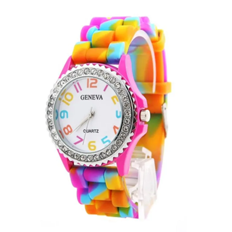 

Women Wrist Watch Geneva Rainbow Crystal Rhinestone Watch Silicone Jelly Link Band New gift for girls Casual wristwatches