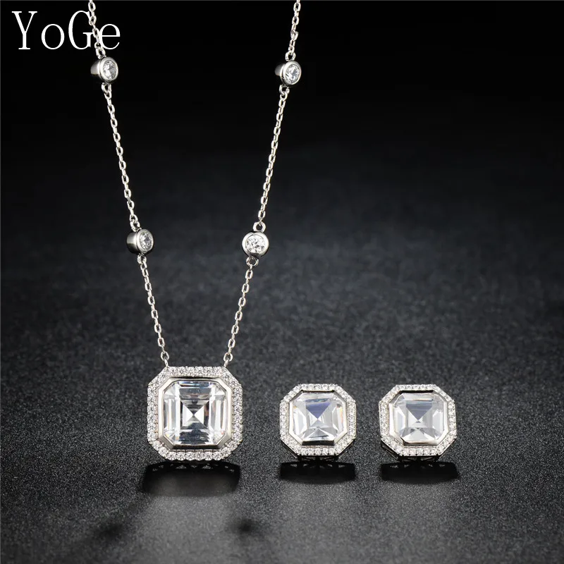 

YoGe Statement Jewelry, Luxury AAA cubic zirconia square stone necklace and stud earrings set for women,S1030