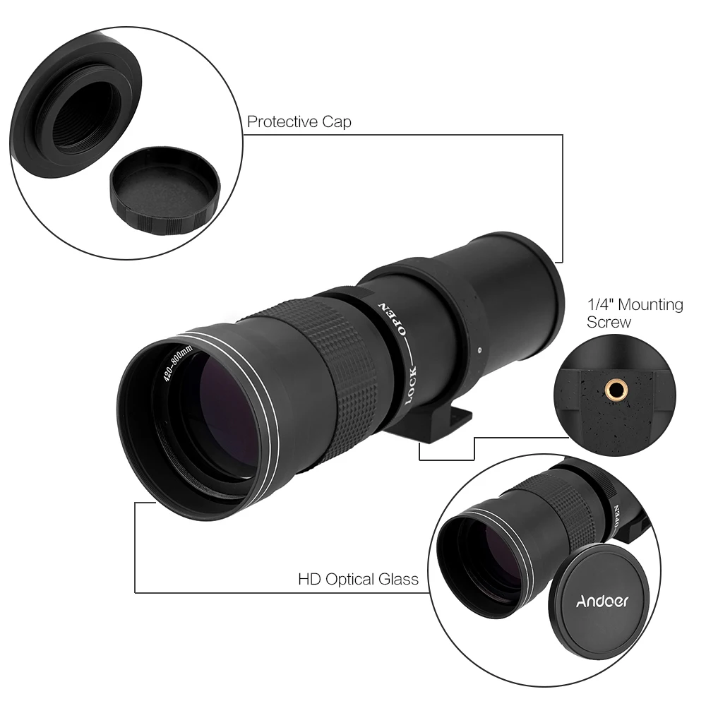 Andoer 420-800 мм F/8,3-16 HD супер телеобъектив ручной зум-объектив с Т-образным креплением T/T2 переходное кольцо для Nikon AI Mount DSLR камера