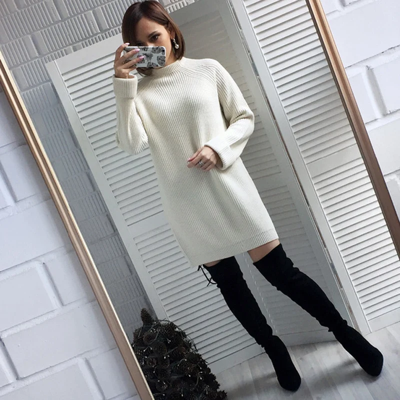 

Autumn Winter Solid Knitted Cotton Sweater Dresses Women Fashion Loose O-neck Pullover Female Knitted Dress Vestidos Feminino