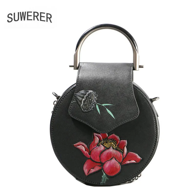 

2019 New women bag genuine leather brands Handmade Embossing flower color fashion cowhide small women handbags leather art bag