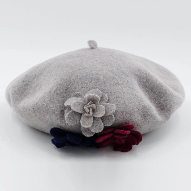 

2018 Elegant Floral Women's Hats 100% Wool Ladies Berets Cap Headdresses For Women Flat Caps Winter Warm Female Beret Hat Bone